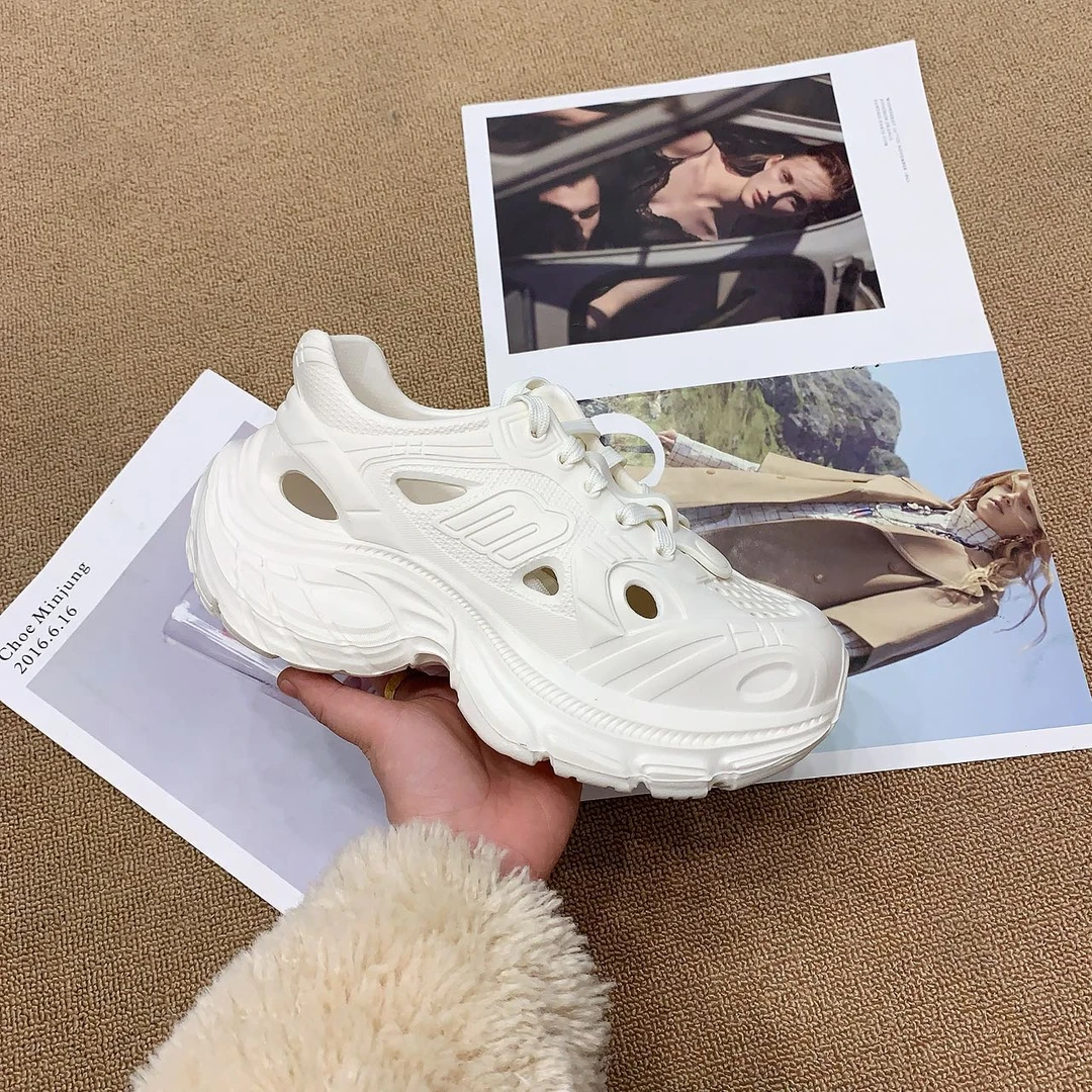 后空中跟女擦色皮纯色舒适洞洞鞋拖鞋外穿老爹鞋白鞋镂空透气