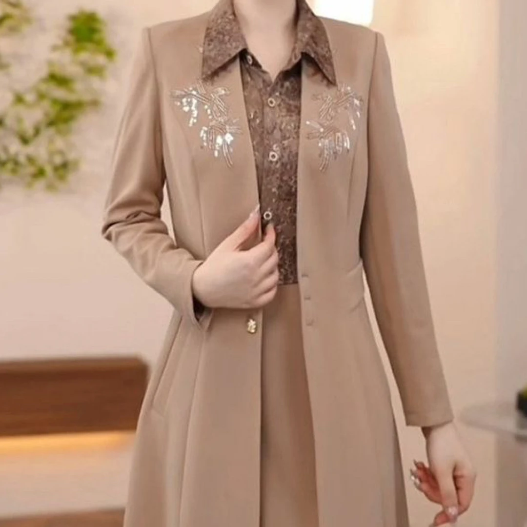 梭织精纺两件套连衣裙2025秋季新款时尚轻奢显瘦风衣外套洋气套装