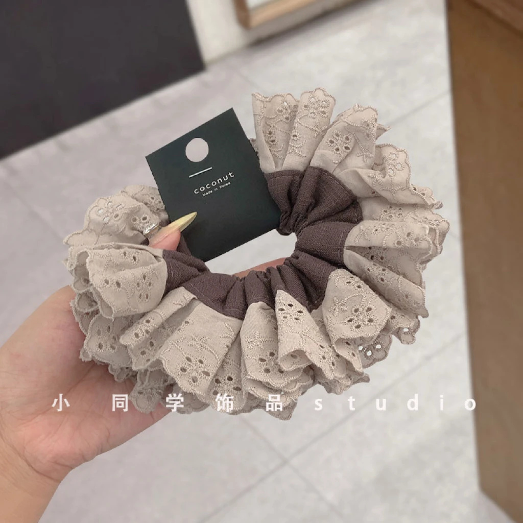 韩国饰品2025新款咖啡色棕色棉麻小蛮腰蕾丝花边大肠发圈发绳头饰