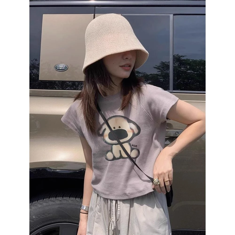 2025新款短袖t恤夏季紫色显白卡通印花正肩修身纯棉短款上衣女生