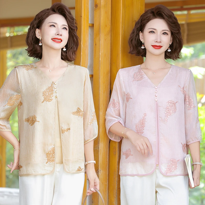 新中式妈妈装夏季短袖T恤高贵气质中老年女装洋气宽松透气薄上衣