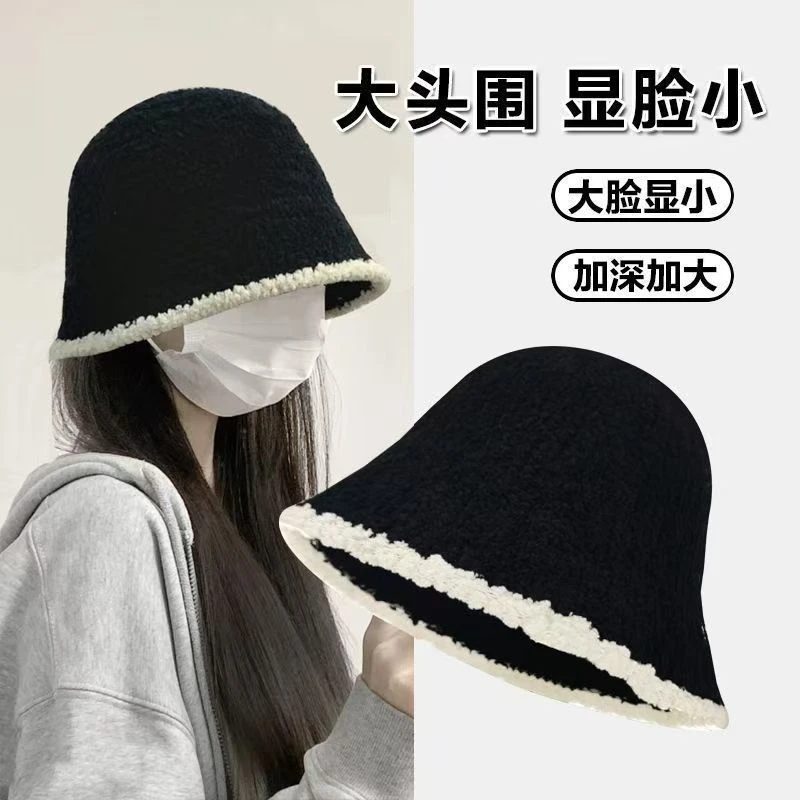 秋冬渔夫帽子女日系百搭大头围水桶保暖显脸小针织遮脸毛绒盆帽N