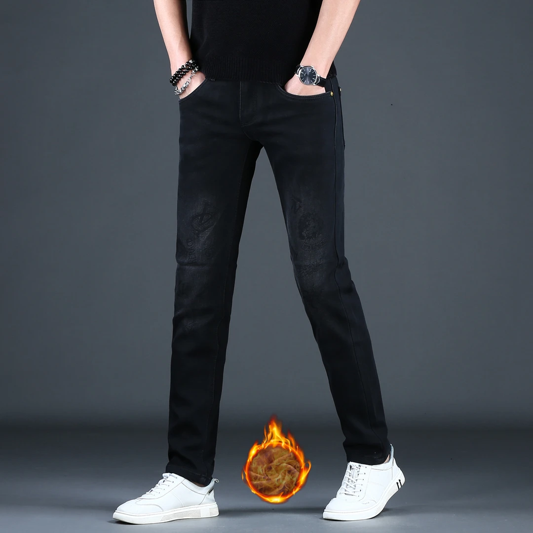冬季男士加绒加厚裤子黑色印花高档品牌牛仔裤男款弹力修身小脚裤