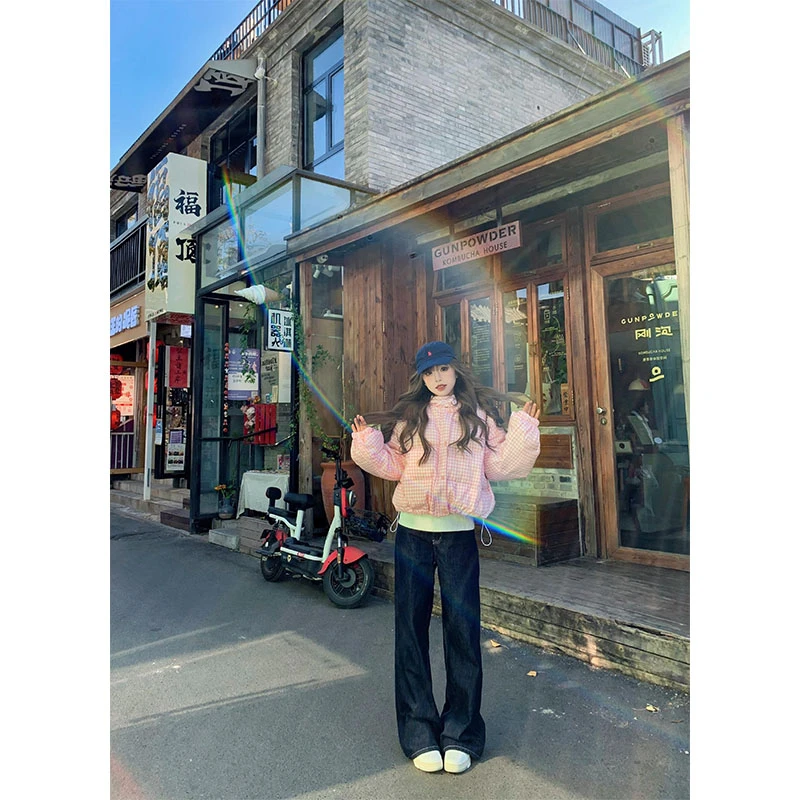 2025秋冬新款高级感格子休闲百搭长袖保暖外套上衣高腰直筒裤套装