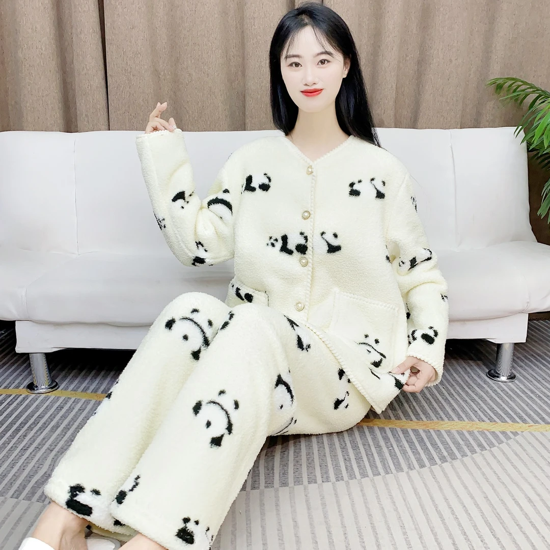 可外穿法兰绒长袖睡衣女秋冬加绒加厚保暖卡通可爱家居服套装Y181