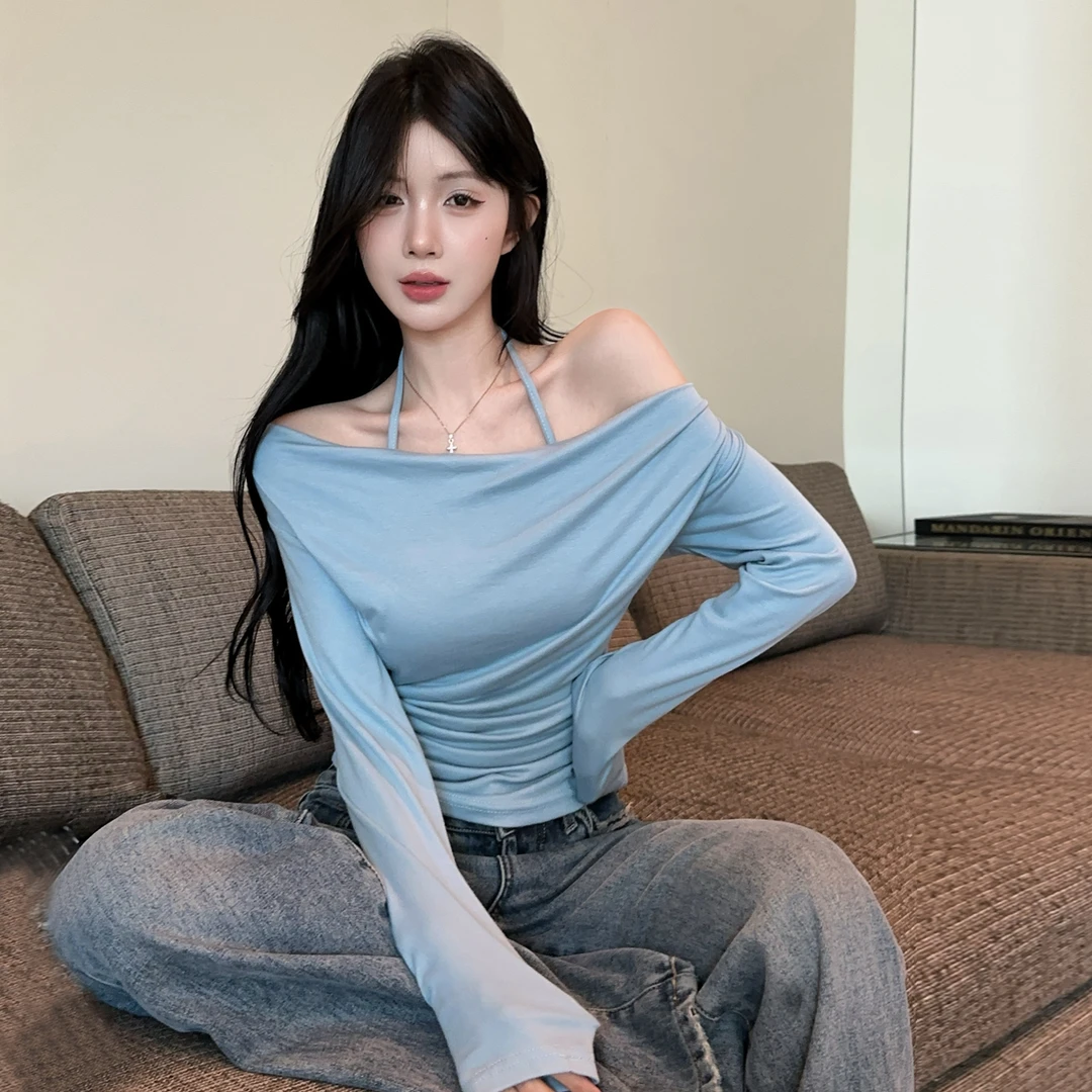 纯欲辣妹露肩吊带假两件T恤秋冬长袖打底衫荡领收腰休闲上衣