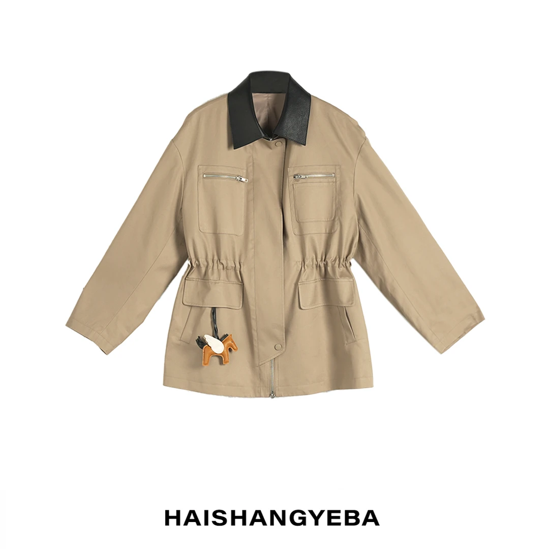 【海上叶爸】新款2025春秋百搭棉翻领多口袋宽松小马外套