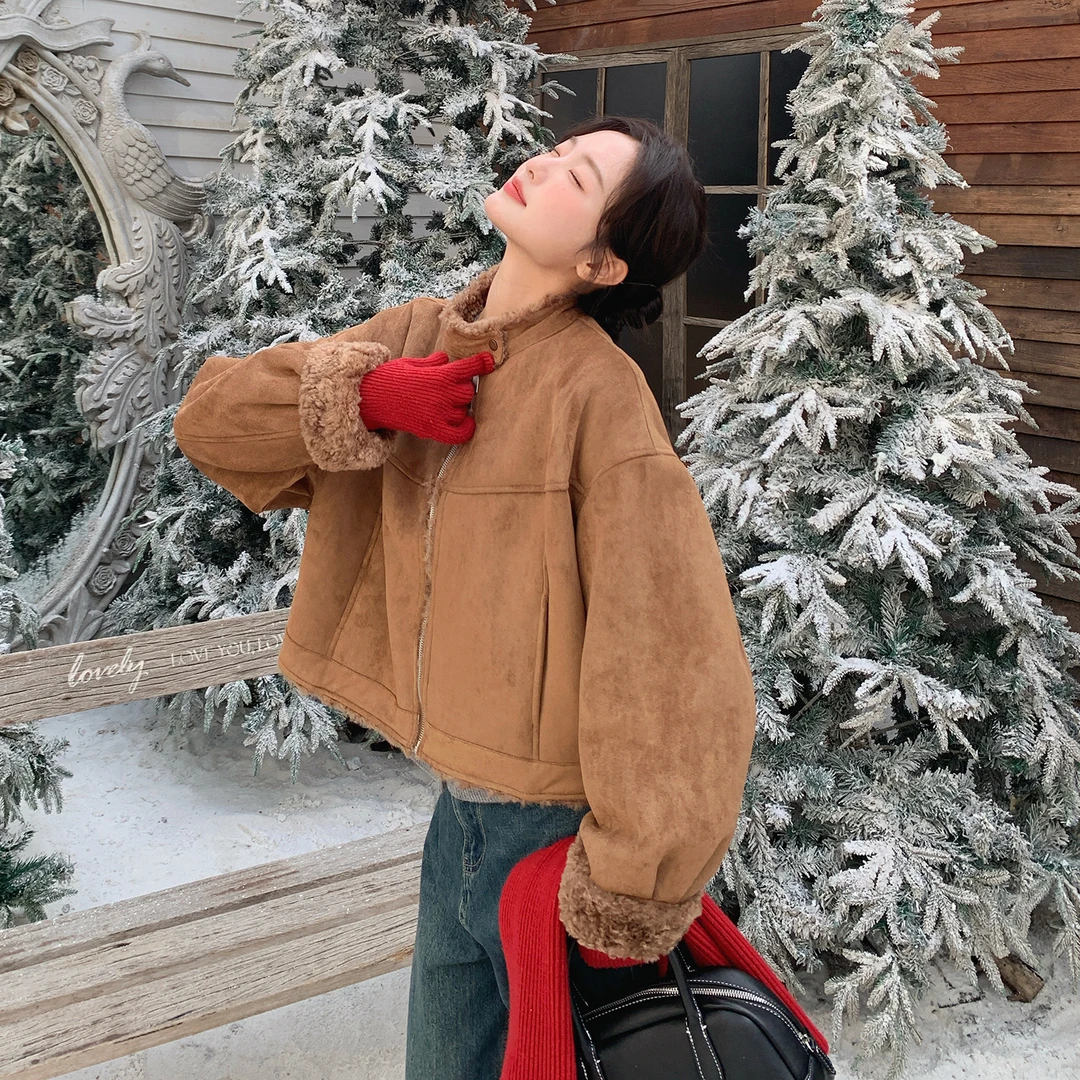 韩系美拉德冬季氛围感气质麂皮绒外套女2025新款短款毛绒拼接棉服