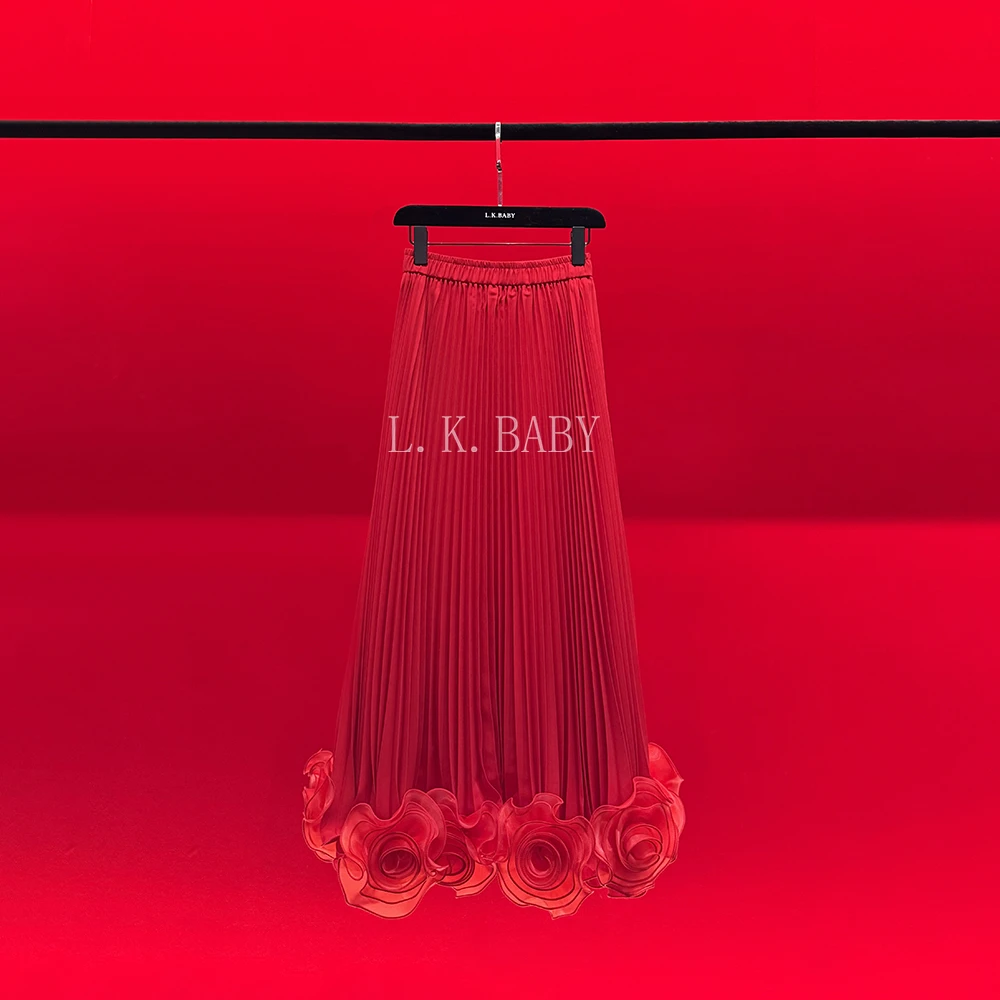 【L.K.BABY】牡丹花开 法式气质名媛风琴百褶显瘦高级感花朵百褶裙