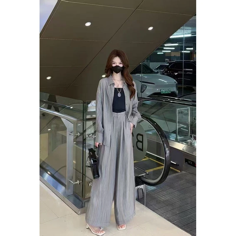 灰色高级松弛感穿搭套装女2025夏气质轻薄衬衫阔腿裤两件套