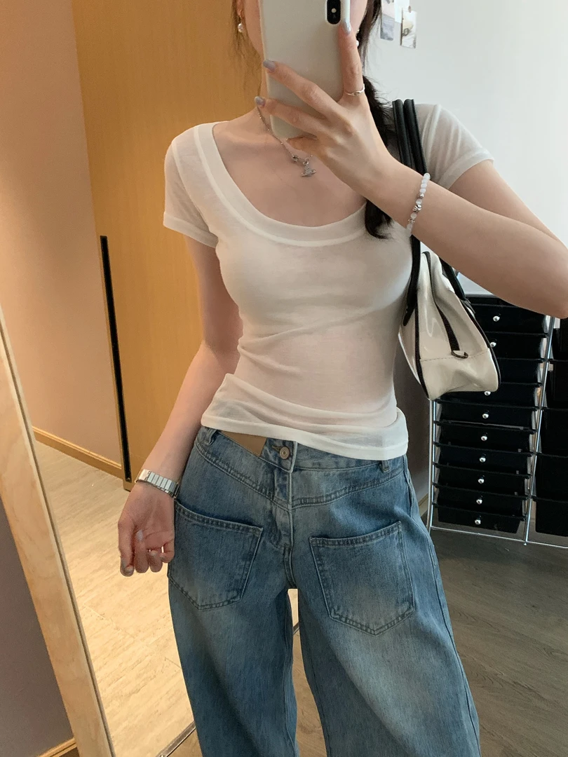 气质轻薄修身显瘦上衣U领短袖T恤女