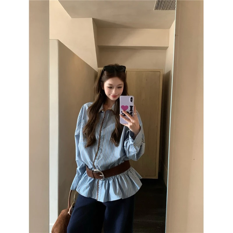 美式复古撞色条纹长袖衬衫衬衣女装秋季宽松百搭别致蓝色上衣