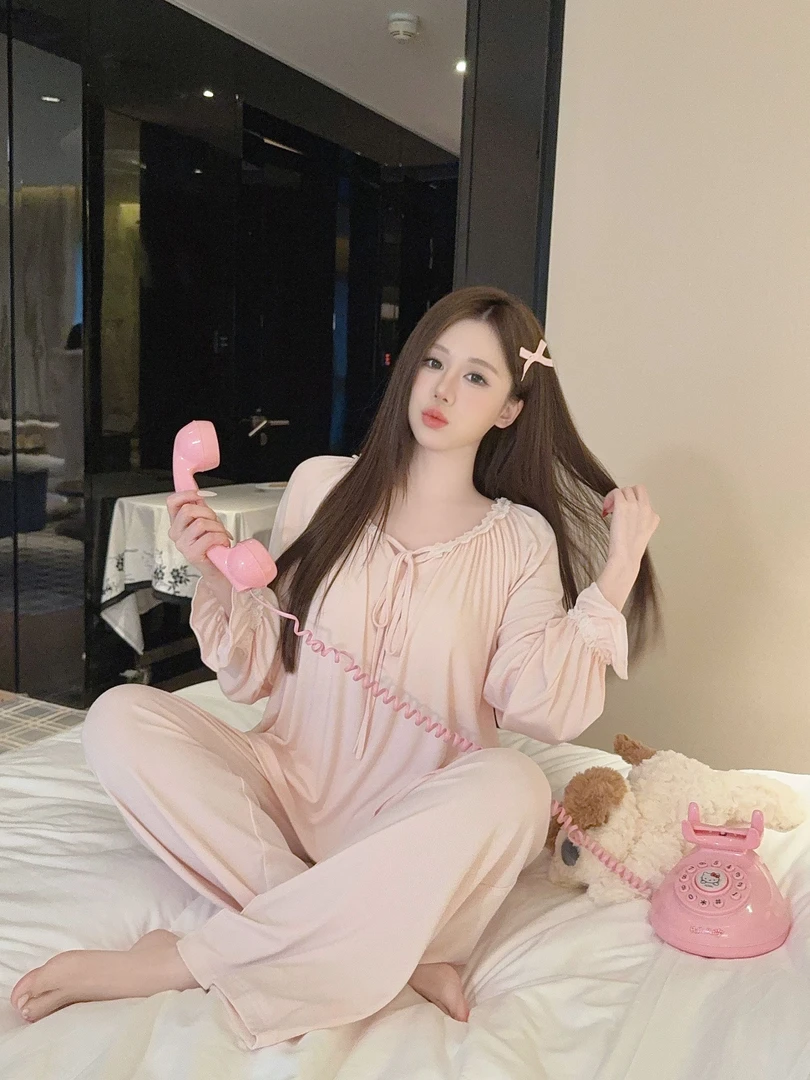 【恋爱心结】秋季睡衣女代尔棉长袖纯欲蕾丝纯色家居服可外穿带胸垫