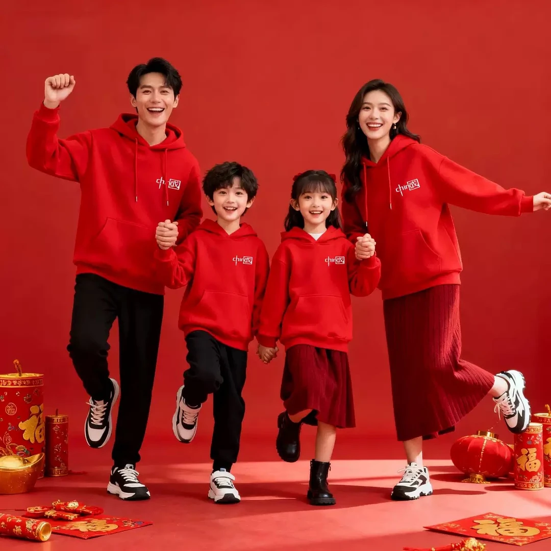 纯棉高品连帽加绒卫衣新年元旦年服一家三口四口亲子装马年喜庆