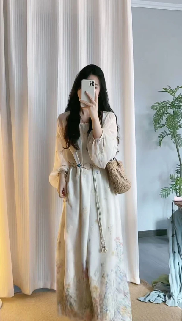 AN.XIN【午后花园】森系超美重工下摆灵动小花宽松减龄连衣裙1818