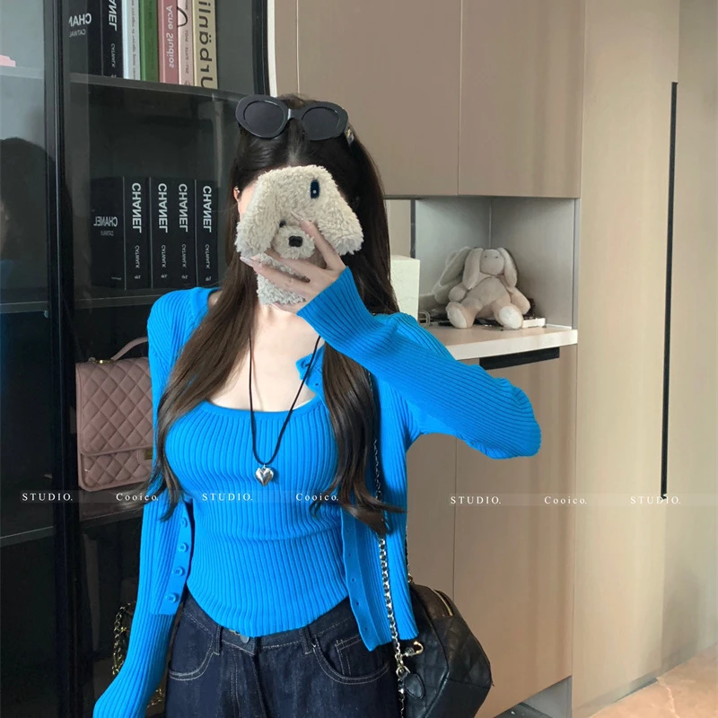 早秋穿搭套装女慵懒蓝色宽松长袖针织开衫外套吊带背心上衣两件套