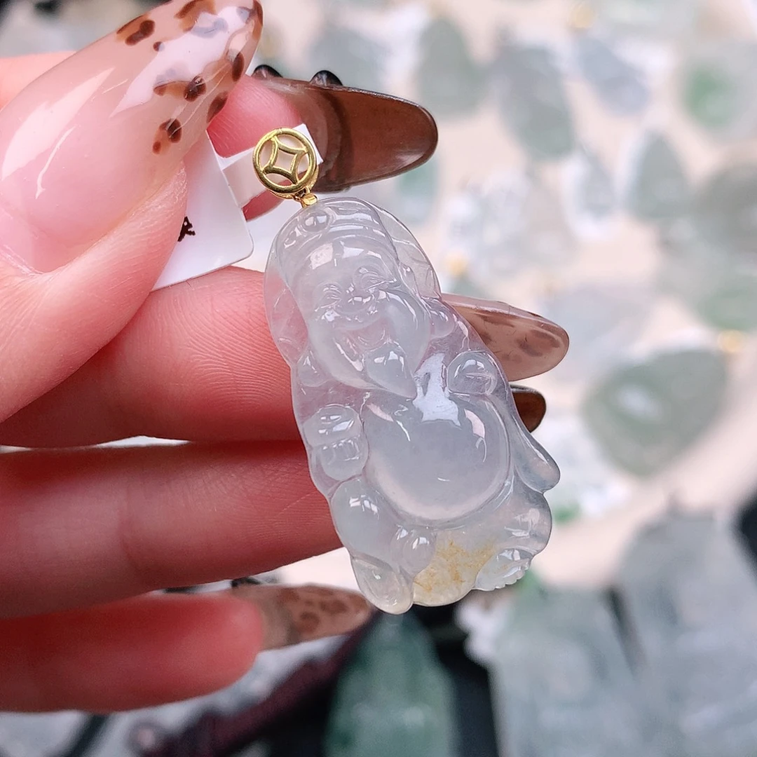 翡翠颈饰18K金镶嵌飘黄财神36.5、30.7、17、5