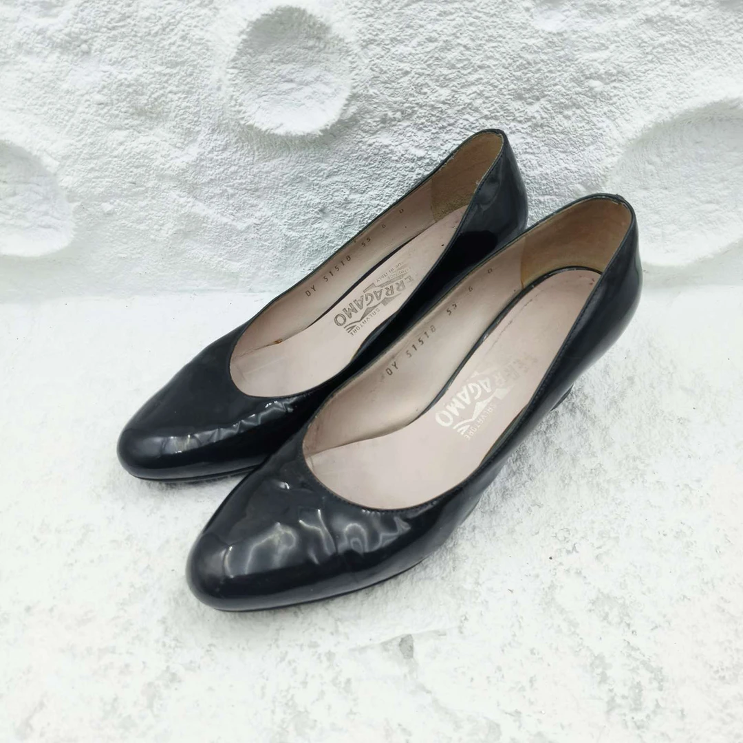95新 FERRAGAMO/菲拉格慕 36码/黑色坡跟高跟鞋