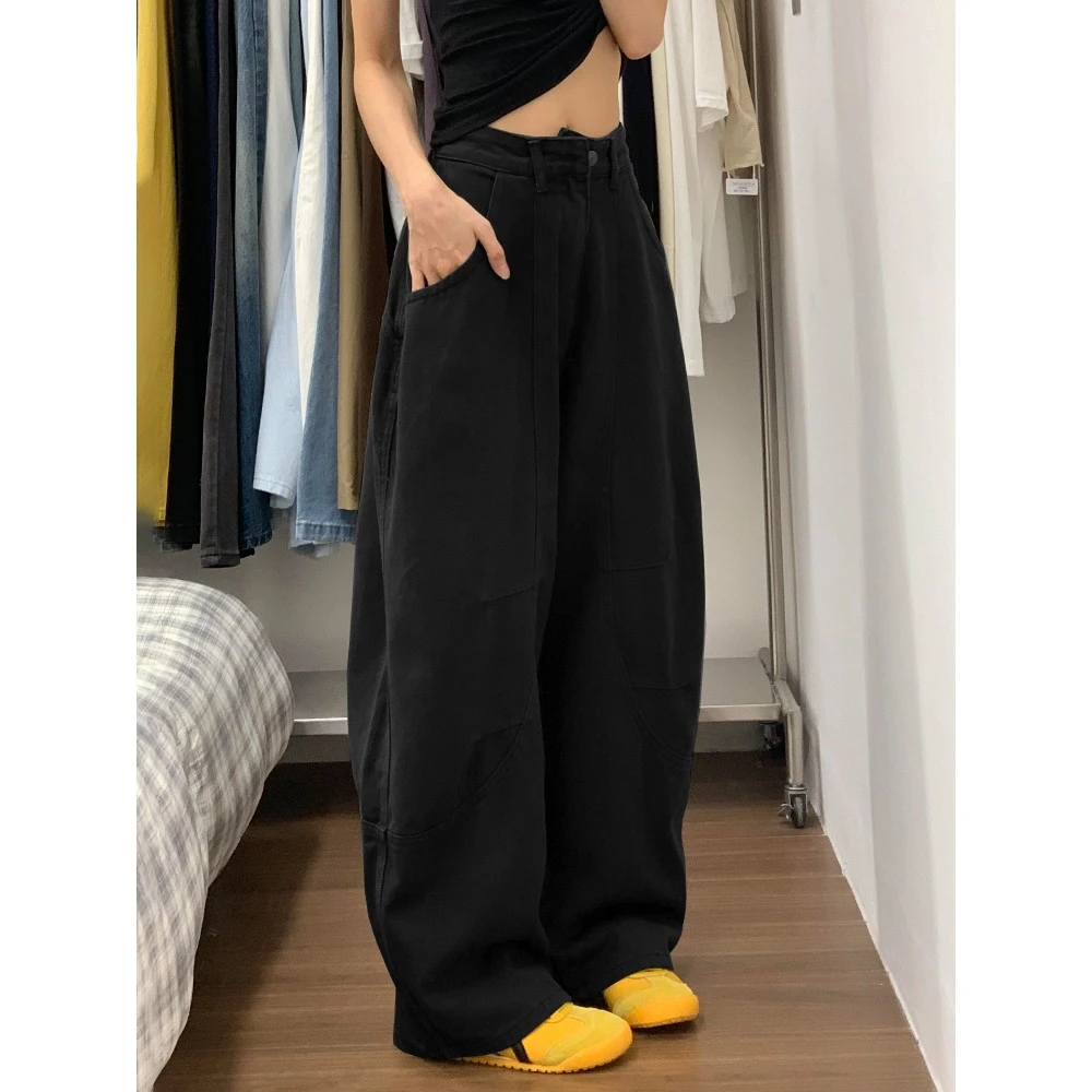 美式黑色廓形弯刀牛仔裤女冬季新款高腰宽松阔腿显瘦直筒拖地裤子