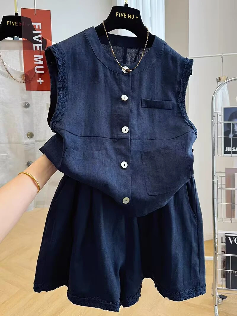 时尚套装2025夏装搭配一整套盐系轻熟亚麻无袖排扣背心短裤两件套