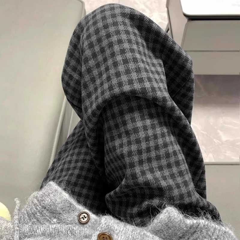 黑灰色格子休闲裤女冬季加绒胖mm大码显瘦宽松慵懒垂感直筒阔腿裤