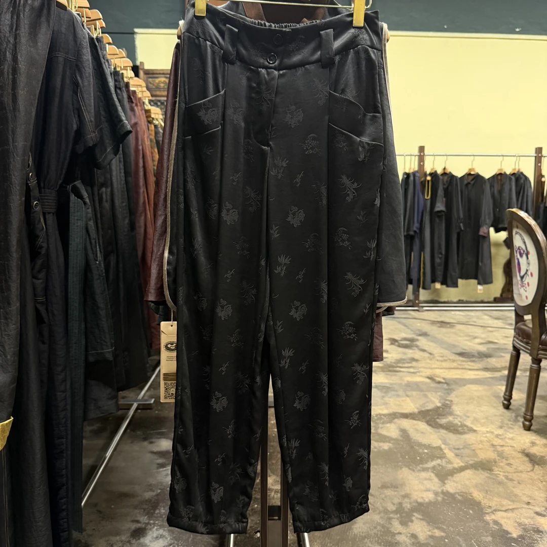 艾可原创　桑蚕丝 重缎提花香云纱 工装裤时尚黑色长裤