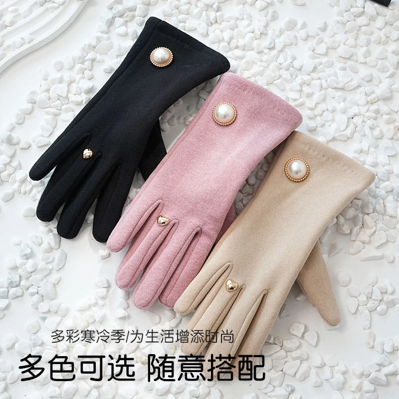 保暖手套韩版女士开车骑行德绒珍珠小香风秋冬简约分手指加绒手套