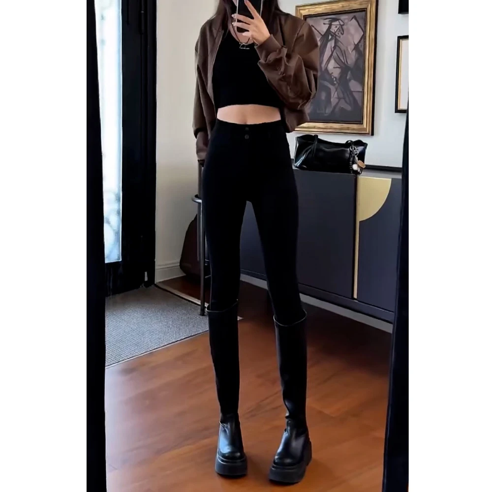 黑色高腰弹力小脚牛仔裤女秋冬加绒加厚大码修身显瘦九分铅笔裤子