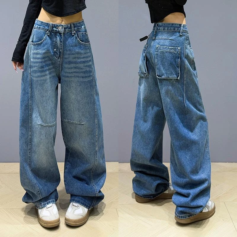 淳启百搭蓝色牛仔裤女春季新款重工阔腿裤宽松显瘦小众高腰弯刀裤