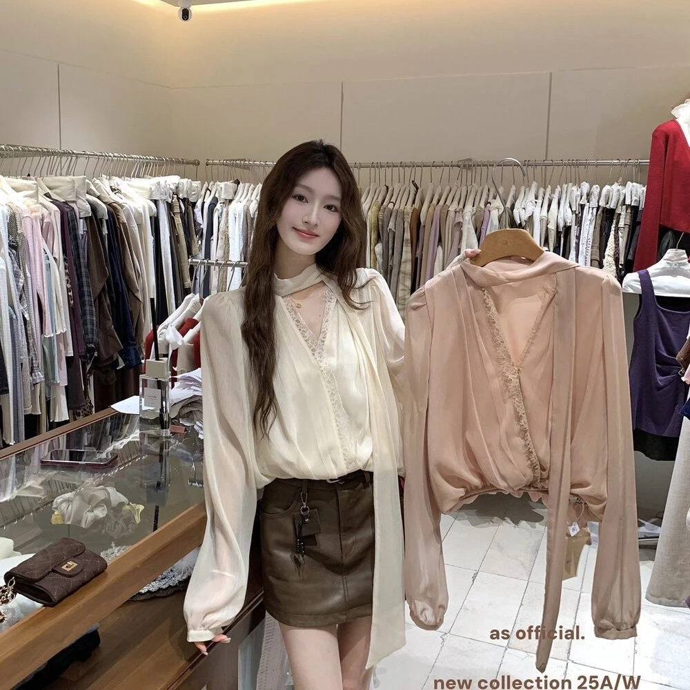 韩系气质蕾丝拼接v领衬衫女2025年秋季新款时尚通勤百搭长袖上衣