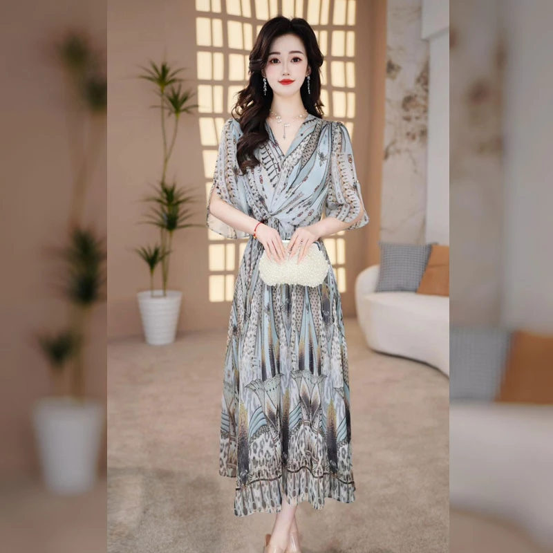 【千羽定制】法式印花连衣裙2025年夏季中长款今年流行显瘦大摆裙子