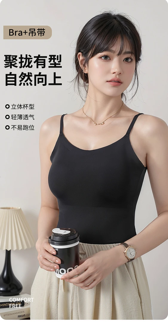 彩色姿态女款薄款带胸垫无钢圈无痕外穿美背吊带背心夏季适用