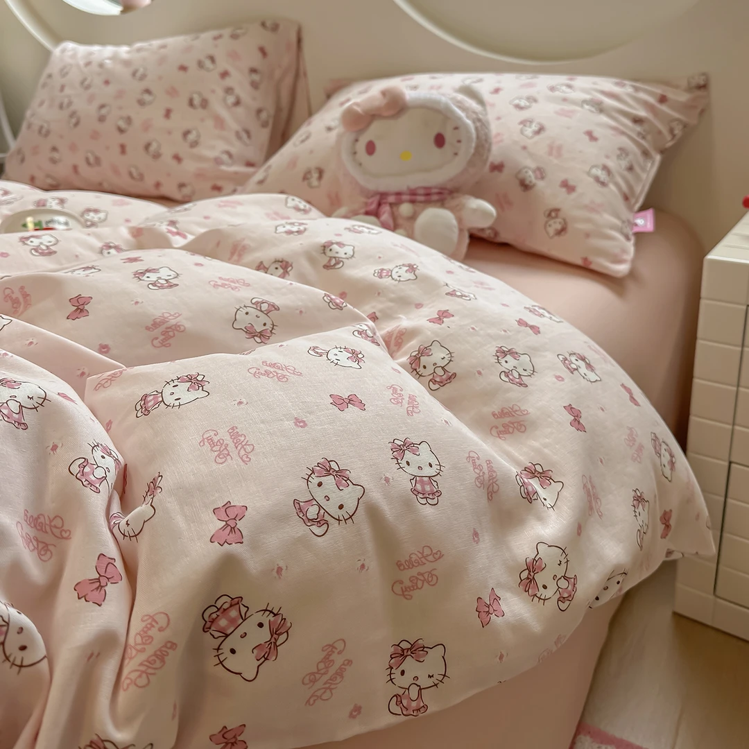 卡通可爱KT猫全棉磨毛双层纱床上四件套纯棉加厚被套床单人三件套