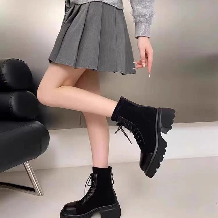 圆头飞织马丁靴2024秋季韩版新款厚底粗跟马短靴气质女2510E