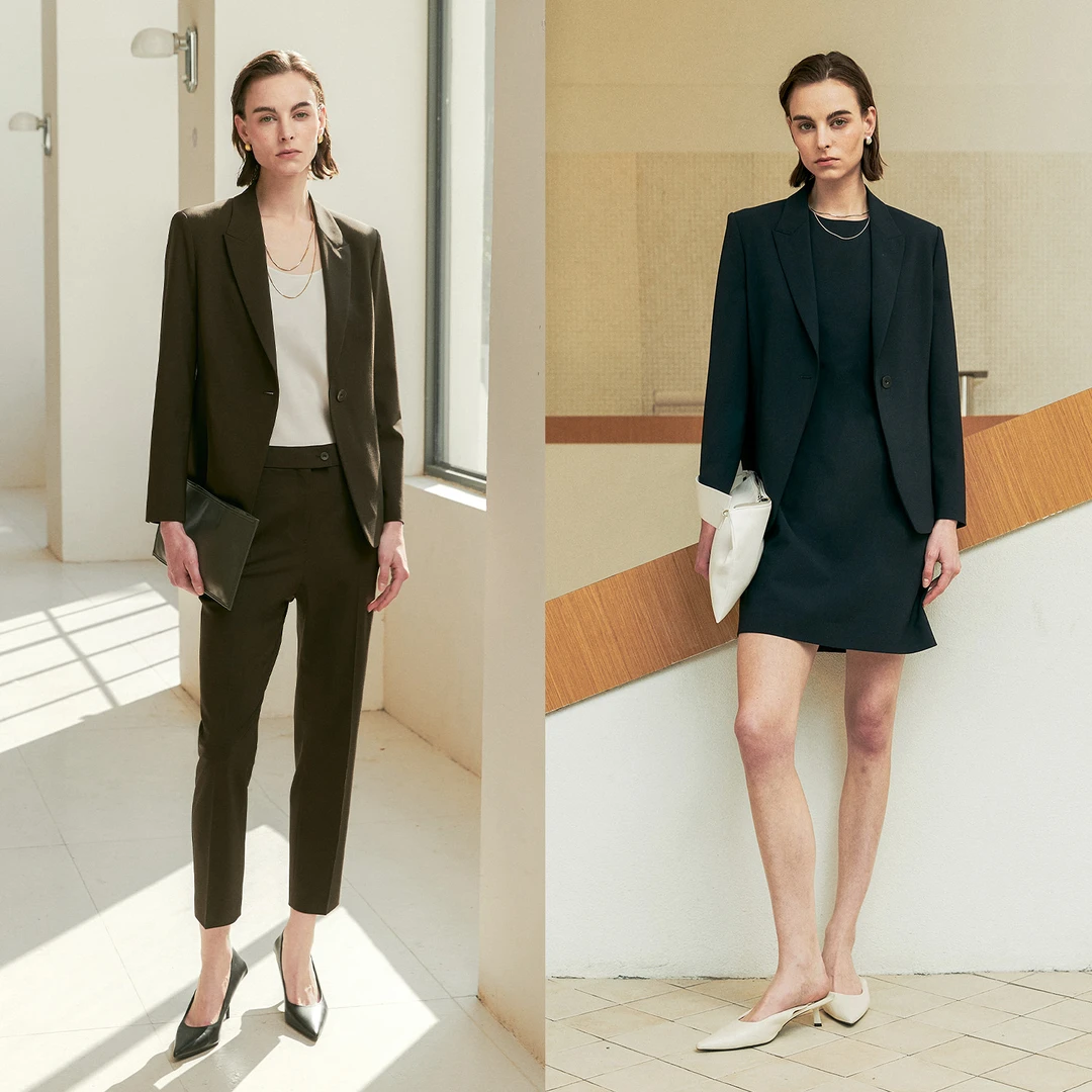 MARIUS“信成道”时尚气质收腰戗驳领西装小脚裤无袖连衣裙套装