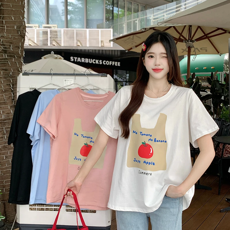 大码胖mm夏韩版正肩圆领短袖T恤印花上衣显瘦百搭休闲慵懒女 5883