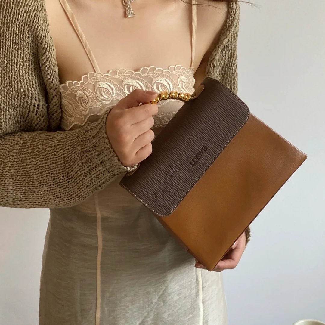 95新 LOEWE/罗意威 Jenny同款金棕色蛇骨Kelly斜挎包手提包