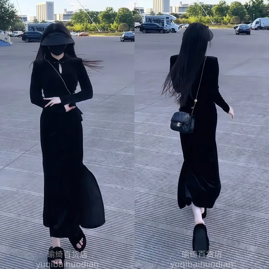 黑色新中式修身连衣裙2025秋季新款显瘦气质绝美旗袍复古打底长裙