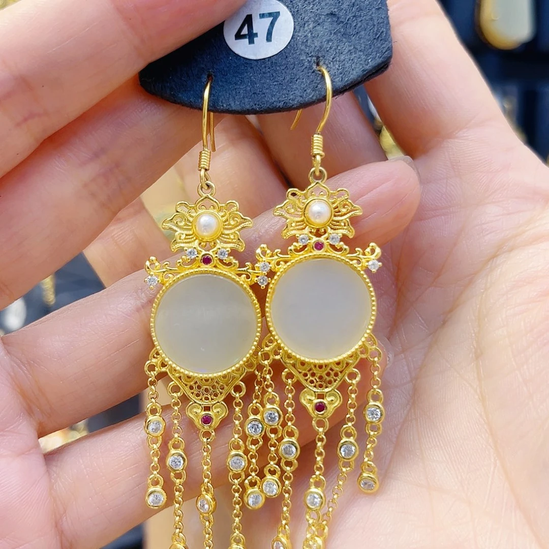 和田玉银S925镀金镶嵌耳饰