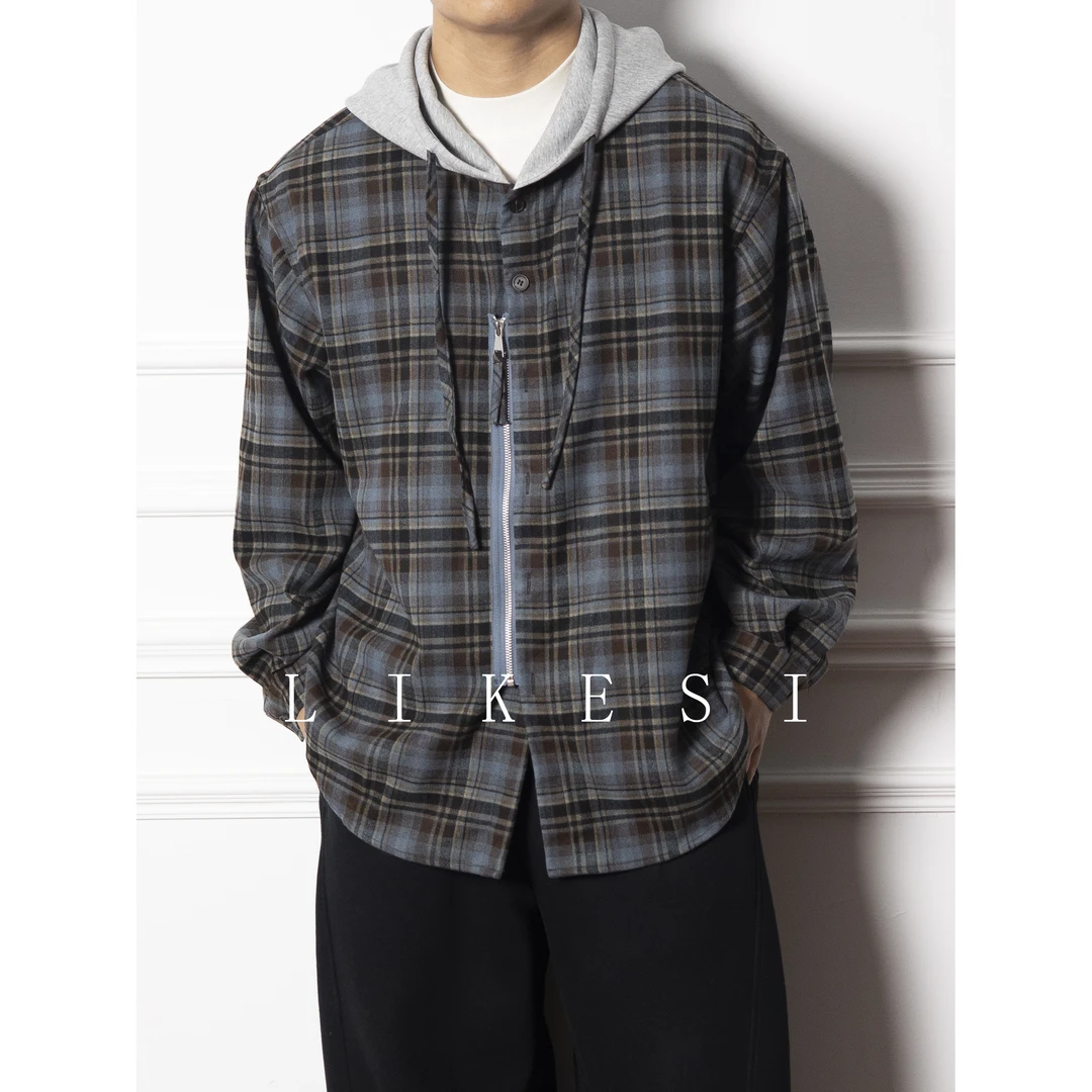 LIKESI SHIRT JACKET秋季连帽格纹衬衫立体剪裁拼接宽松外套6356#