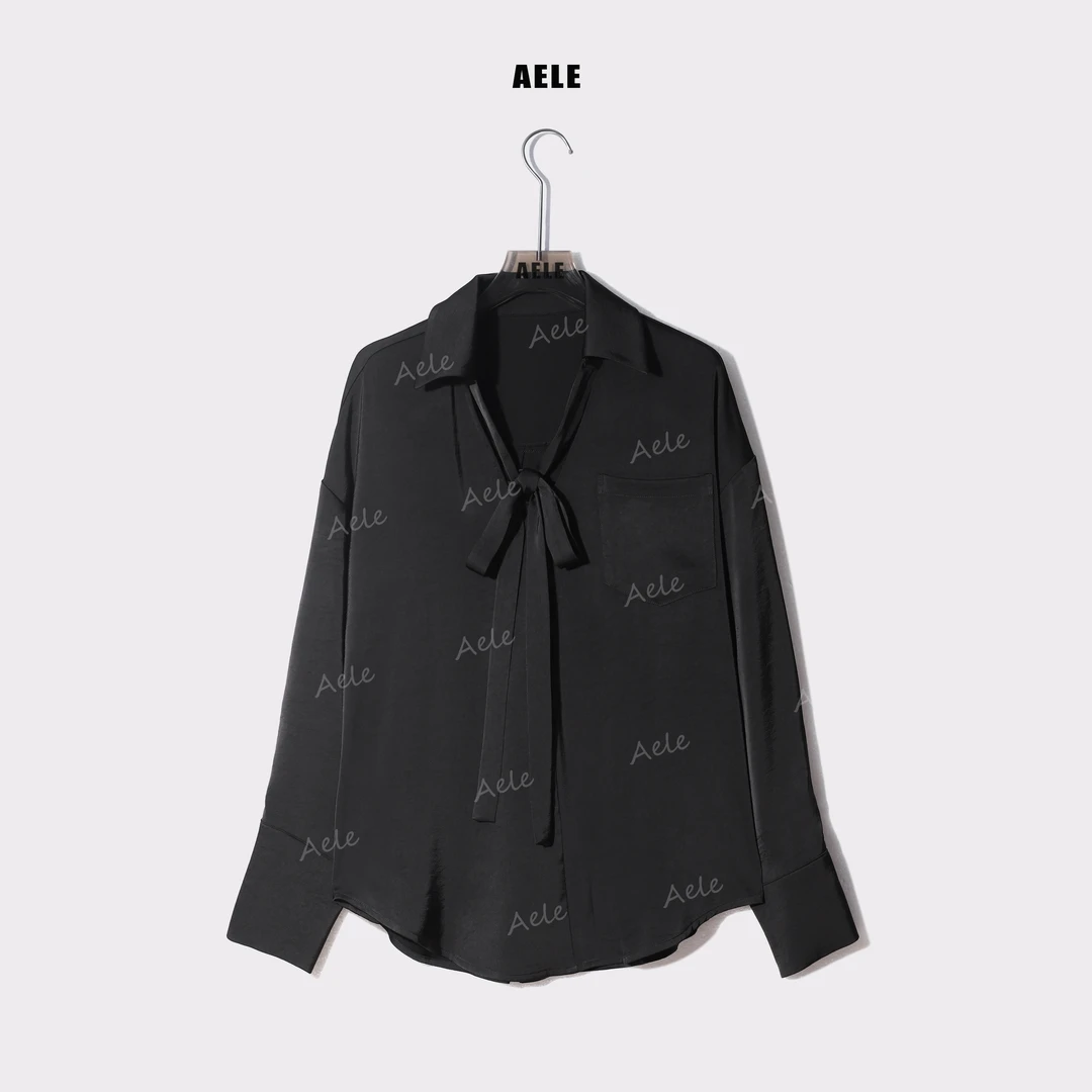 AELE设计师款系带翻领黑色衬衫ins简约衬衫上衣 C853 2287 AD