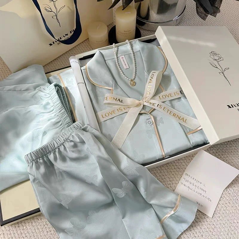 三件套冰丝睡衣女夏季薄款短袖短裤长裤套装奢华风家居服可外穿