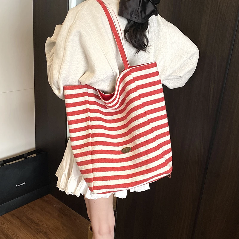 大容量双面条纹帆布包韩国ins慵懒风托特包学生休闲单肩包通勤包