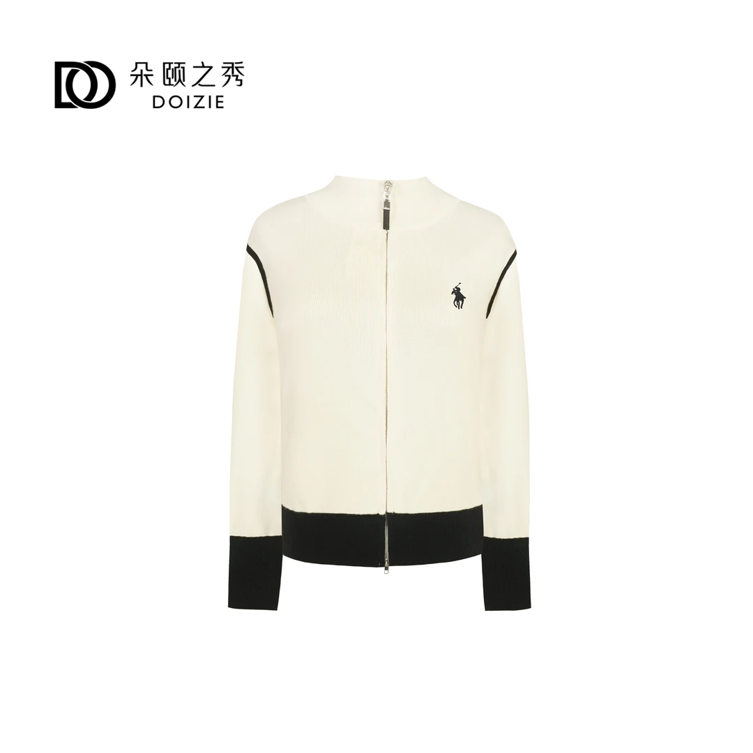 朵颐之秀|半高领双拉链刺绣拼色针织开衫D-23959