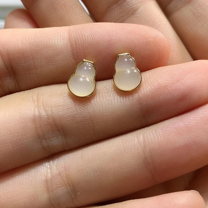 银S925镀金镶嵌和田玉（白玉）耳饰