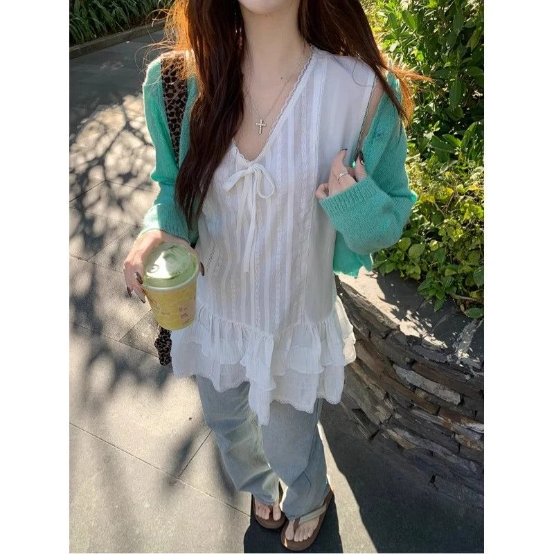 通勤韩系V领氛围感叠穿无袖背心女夏季蝴蝶结设计小众吊带小衫ins