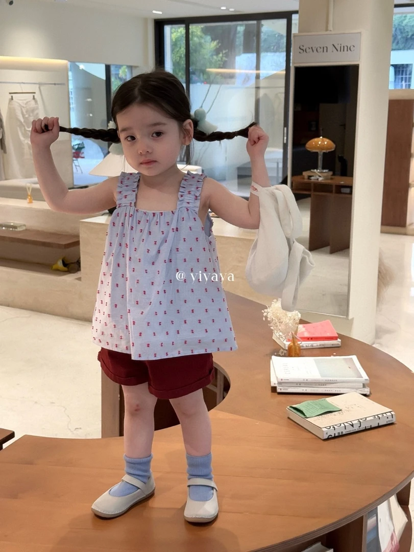 yiyaya女童蓝色背心套装