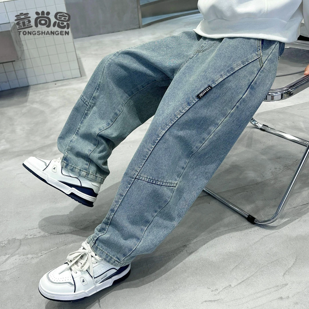 男童牛仔裤加绒秋冬2025新款儿童裤子中大童弯刀裤加厚长裤一体绒