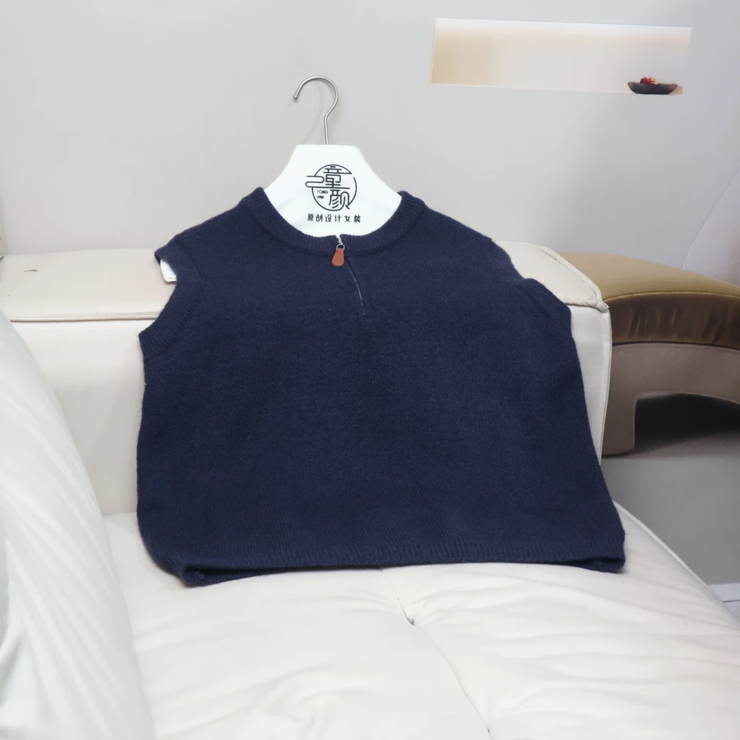 【13450】高品质原创设计藏青色百搭韩系半拉链针织马甲伊