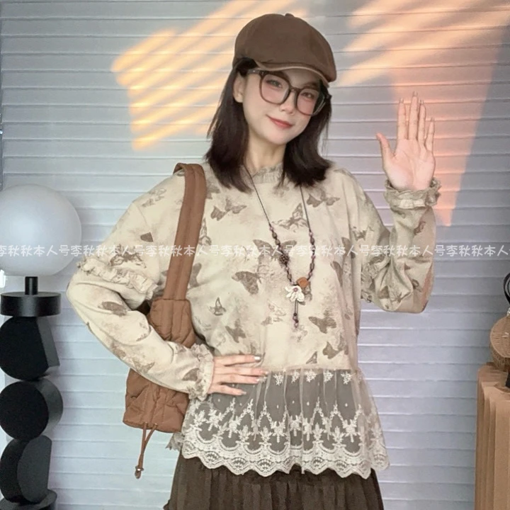 LQQ“燕尾蝶”长袖蕾丝T恤蝴蝶印花拼接设计感真两层袖针织显瘦打底
